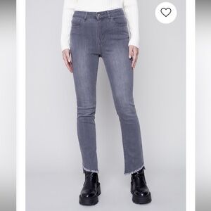 CHARLIE B Women's Asymmetrical Fringed Hem Jeans in Gray